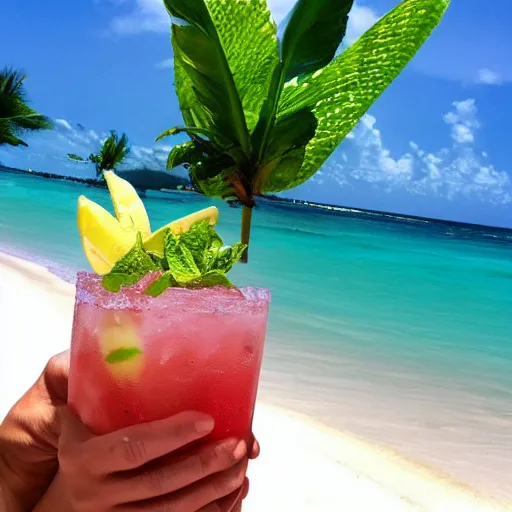 Prompt: a vortigaunt hanging out on a beach in the caribbean, drinking a mojito