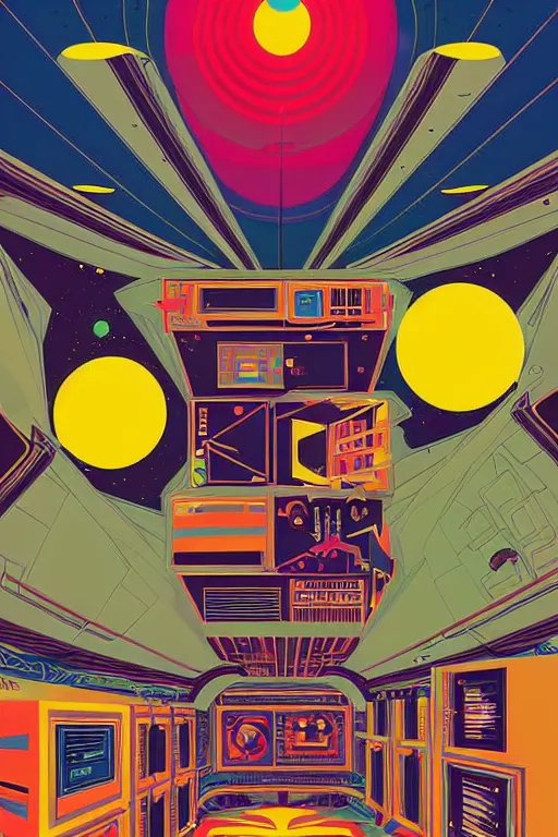 Prompt: a 8 0 s art deco poster with the interior of an international space station fuill of electronic equipment, poster art by milton glaser, kilian eng, moebius, behance contest winner, psychedelic art, concert poster, poster art, maximalist