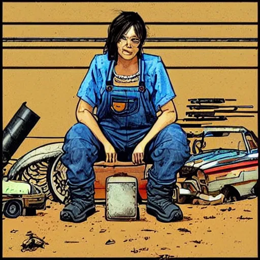 Image similar to “illustration of a tough looking woman sitting in a junkyard. Overalls and tools . Science fiction. Art by Mœbius. Character portrait. Character design. Concept art. Detailed face.”