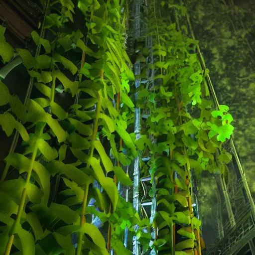 Prompt: photo realistic, high level of detail, high resolution : ( subject = steel pillar + ( object = vines + object detail = green, lush ) + subject detail = red, faint glow, very tall, towering ) + ( perspective = diminishing scale + low focal point, low focus distance, low angle shot )