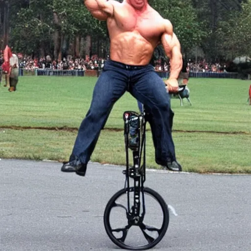 Image similar to a photo of arnold schwarzenegger riding a unicycle