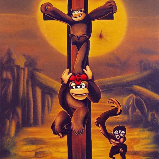 Image similar to Donkey Kong dies on the cross for our sins, oil painting