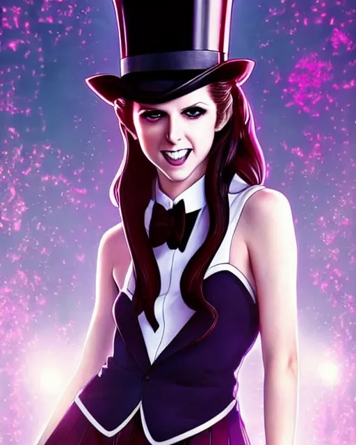 Prompt: beautiful Anna Kendrick Zatanna DC Comics floating on stage, wearing a top hat, symmetrical face symmetrical eyes, smiling, modern anime, fantasy, eerie, intricate details, atmospheric, elegant, super highly detailed, professional digital painting, concept art, art by artgerm and eiichiro oda and koyoharu gotouge