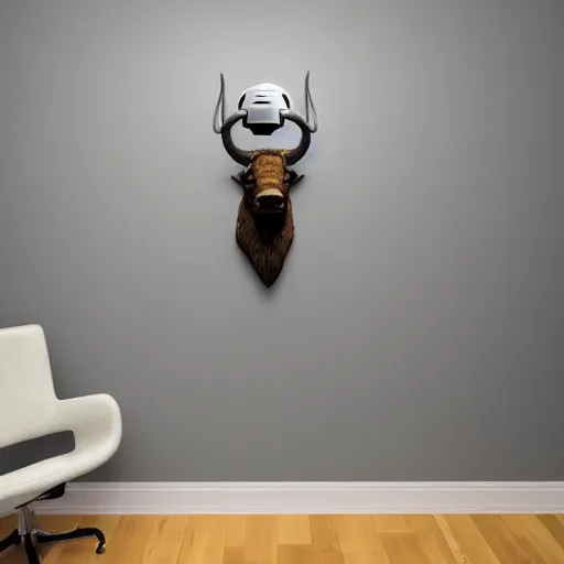 Image similar to hunting trophy bison head in vr helmet nailed to the wall,