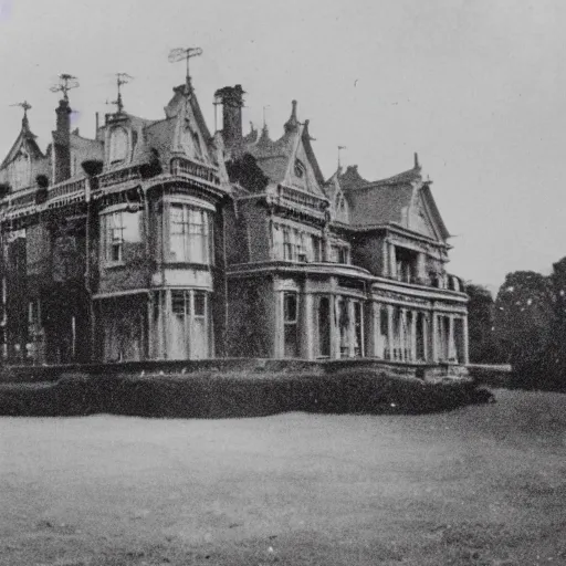 Prompt: edwardian photograph of a huge mansion, in the countryside, grainy, 1 9 1 0 s, 1 9 2 0 s, blurry, victorian, detailed