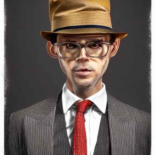 Image similar to a upper body portrait of a deer in a pinstriped suit and pants wearing a fedora with the antlers sticking out of the fedora by artgerm and wlop, intricate detail, digital art, photorealistic, trending on artstation