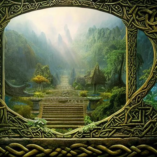 Prompt: a beautiful and highly detailed matte painting of an elven temple in a magical fantasy garden in a lush forest in the mystical mountains, celtic knots, carved runes, intricate details, epic scale, insanely complex, 8 k, sharp focus, hyperrealism, very realistic, by caspar friedrich, albert bierstadt, james gurney, brian froud,