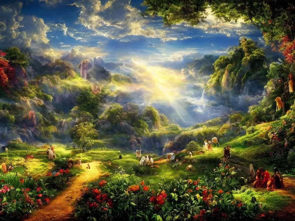 Prompt: a beautyful landscape of heaven with a god's grace and light comes to all the living things