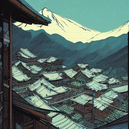Prompt: a powerful japanese village high in mountains, concept art by laurie greasley and greg rutkowski, fantastic landscape, 8 k, cinematic color grading