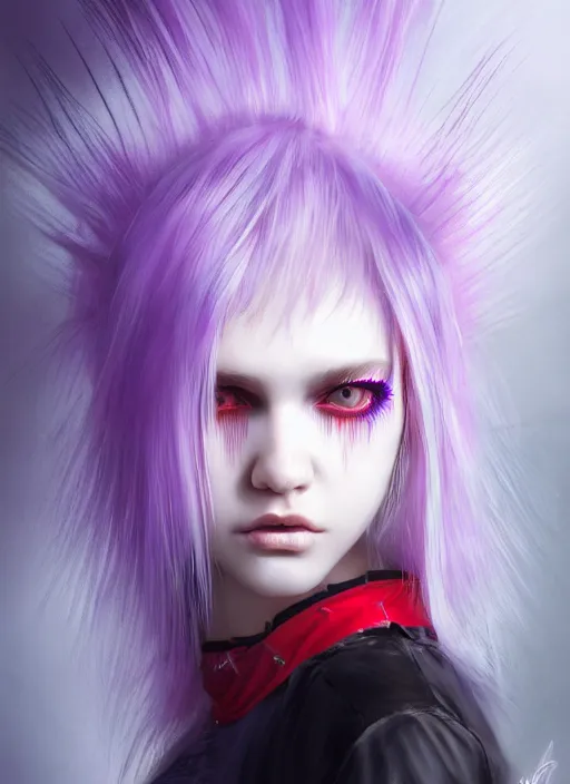 Image similar to hair whitebangs hair, black cyberlox, portrait of normal teenage girl, white bangs, messy bangs, fluffy bangs, cyberlox, whitebangs, red irises, purple background, intricate, elegant, highly detailed, digital painting, artstation, concept art, sharp focus, smooth, illustration, art by wlop, mars ravelo and greg rutkowski