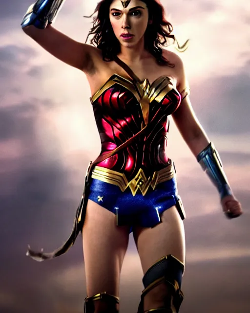 Image similar to scarlett johansson as wonder woman saber, movie, hyper realistic, hollywood promotional image, imax, 8 k