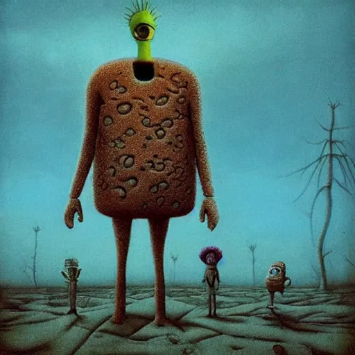 Image similar to spongebob squarepants in style of zdzisław beksinski, standing in wasteland, horror art, creepy, desolate