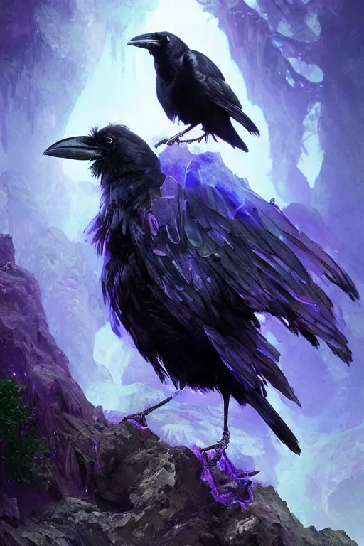 Image similar to portrait of a beautiful one raven perched on purple crystals that are glowing in a misty valley, establishing shot, extremly high detail, foto realistic, cinematic lighting, by yoshitaka amano, ruan jia, kentaro miura, artgerm, post processed, concept art, artstation, raphael lacoste, alex ross