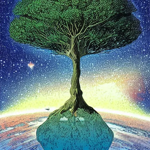 Image similar to a large tree hovering in space, rooted in a galactic crystal, by moebius