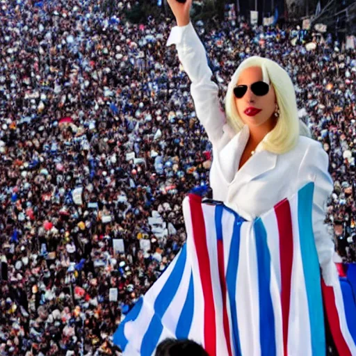 Prompt: Lady Gaga as president, Argentina presidential rally, Argentine flags behind, bokeh, detailed face, Argentina