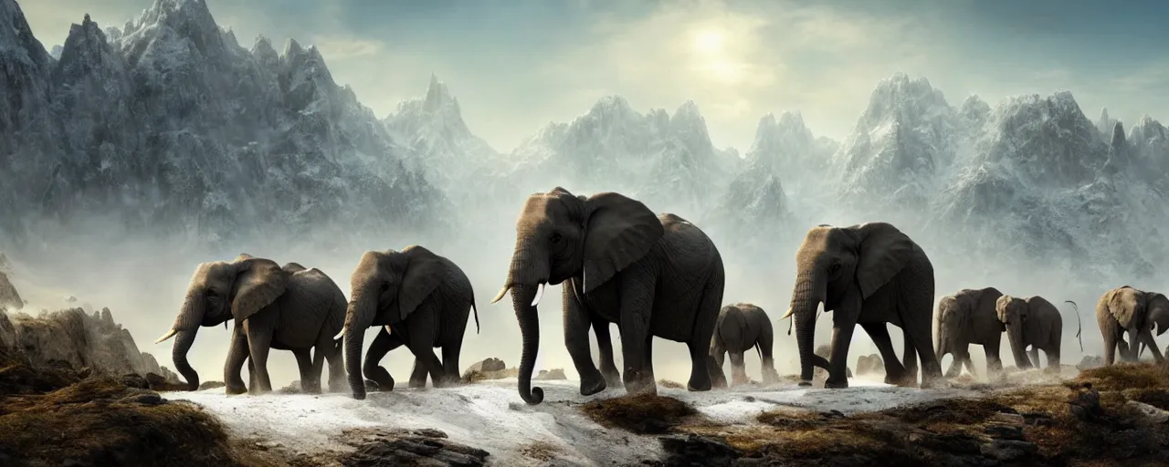 Prompt: African elephants in old battle armor marching in snow mountain landscape, beautiful dynamic lighting, cinematic, wide angle establishing shot, extremely high detail, photo realistic, cinematic lighting, post processed, concept art, artstation, matte painting, style by frederic church, raphael lacoste, unreal engine 8k