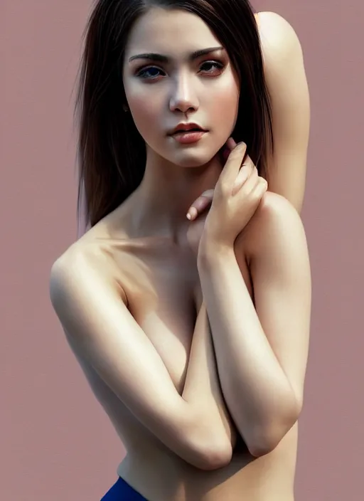 Image similar to high angle photo of a gorgeous young woman in the style of stefan kostic, realistic skin, 1 / 2 body crop, 8 5 mm art lens, f 1. 2, sharp focus, 8 k high definition, insanely detailed, intricate, elegant, art by stanley lau and artgerm