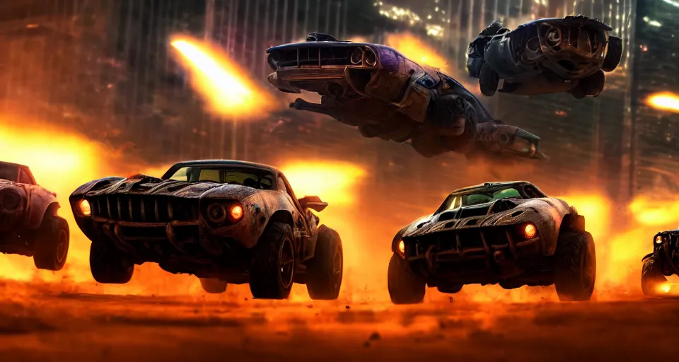 Image similar to macro closeup photo of halo warthogs being chased in a post apocalyptic city, night, smoke, dust, embers, mad max, action, speed, rocket league, volumetric lighting, hdr, need for speed, gta 5, ridley scott, syd mead, craig mullins, cinematic, octane