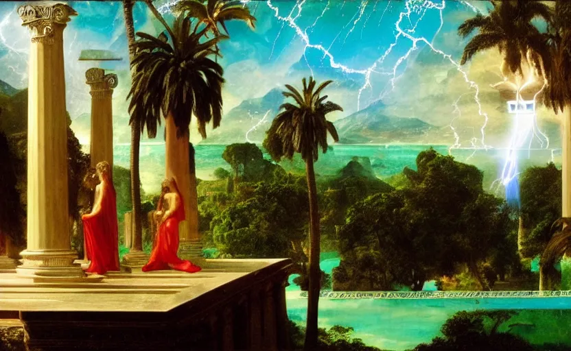 Image similar to Palace of the occult, mediterranean balustrade and columns, refracted sparkles, thunderstorm, greek pool, beach and Tropical vegetation on the background major arcana sky and occult symbols, by paul delaroche, hyperrealistic 4k uhd, award-winning, very detailed paradise