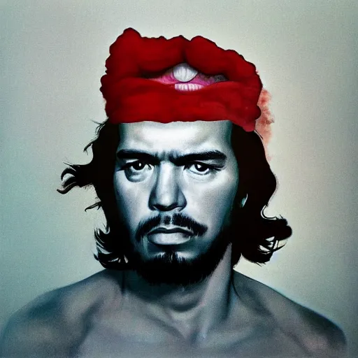 Image similar to colour masterpiece surreal closeup portrait photography of che guevara by miho hirano and annie leibovitz and michael cheval, red and grey smoke background, 8 k