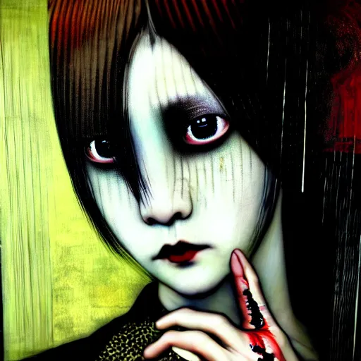 Image similar to yoshitaka amano blurred and dreamy realistic three quarter angle portrait of a young woman with black lipstick and black eyes wearing dress suit with tie, junji ito abstract patterns in the background, satoshi kon anime, noisy film grain effect, highly detailed, renaissance oil painting, weird portrait angle, blurred lost edges