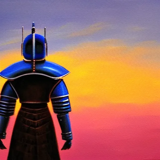 Prompt: oil painting of a blue caped armored knight, wearing modern headphone, lonely, foggy, standing in midground, pink sunset, by capsar david friedrich