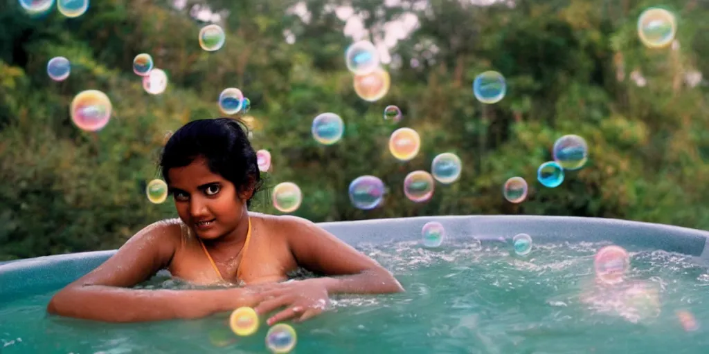 Image similar to sri lankan girl in a hot tub, film still, bubbles