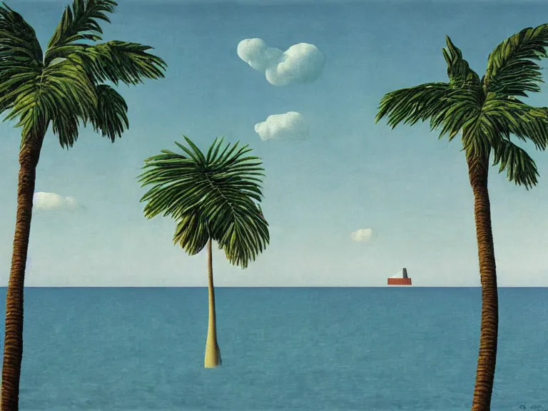 Image similar to lonely island with a palm tree in the middle of the sea painting by rene magritte, high detail, high resolution