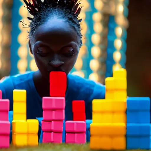 Prompt: cinematic photo of a beautiful dark blue skinned axolotl woman lit with saturated split colour yellow and red lighting playing giant jenga on the lawn