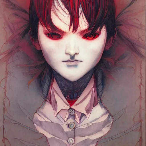 Image similar to prompt : vampire character portrait soft light painted by james jean and katsuhiro otomo and erik jones, inspired by evangeleon anime, smooth face feature, intricate oil painting, high detail illustration, sharp high detail, manga and anime 1 9 9 9