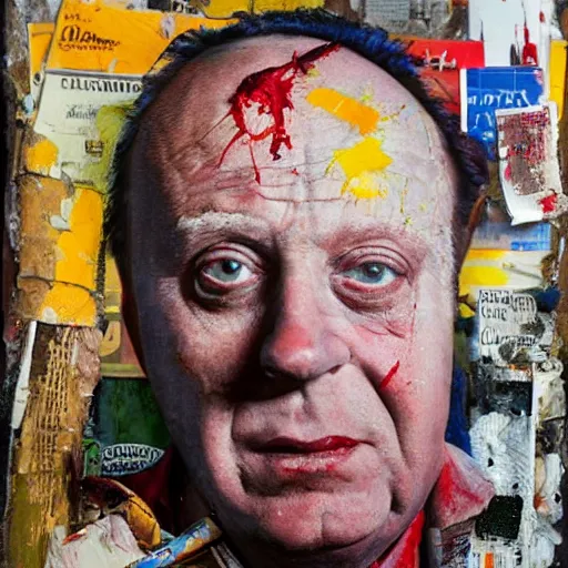 Image similar to hyperrealistic, photorealistic, mixed media oil painting of jack benny, magazine scraps, plaster, blood, oil, mustard, cigarettes, splatter, trending on artstation, award - winning painting, greg rutkowski, basquiat, ralph steadman, terry gilliam