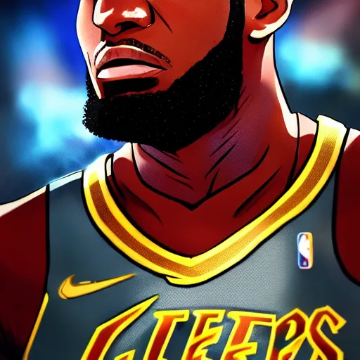 Image similar to lebron james as an anime protagonist, beautiful anime style, big cute eyes, portrait, close - up, cinematic rim lighting, dramatic pose, beautiful sunset, professional, highly detailed, clear, sharp, smug expression, expressive, trending on artstation