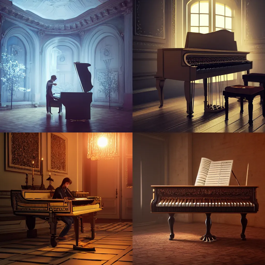 Prompt: android playing a fortepiano, very beautiful, intricate, medium shot, cinematic lighting, highly detailed, digital art, octane render, unreal engine, 4 k,