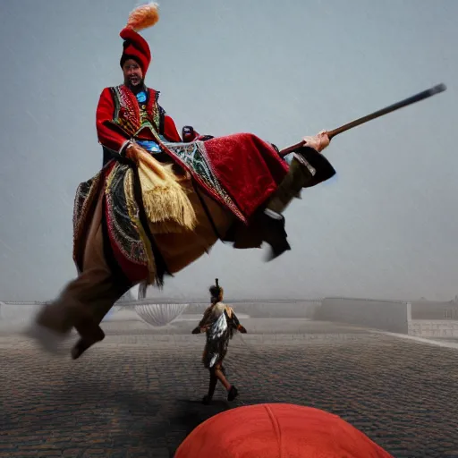 Prompt: cossack dancing on the turban of an ottoman sultan, realism, 4 k, octane render, award winning photograph