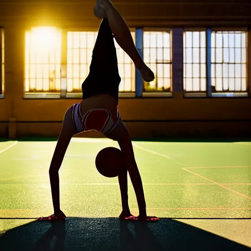 Image similar to a girl doing a handstand on the school basketball court, digital art, lens flare