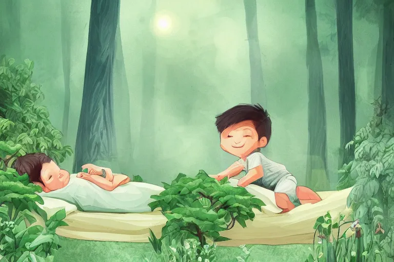 Image similar to a beautiful illustration of a little cute boy on his bed dreaming about a beautiful green forest, detailed face, beautiful colors, digital art