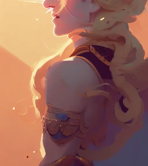 Image similar to portrait of beautiful warrior with golden hair, sun, crown, by atey ghailan, by greg rutkowski, by greg tocchini, by james gilleard, by joe fenton, by kaethe butcher, dynamic lighting, gradient light blue, brown, blonde cream and white color scheme, grunge aesthetic