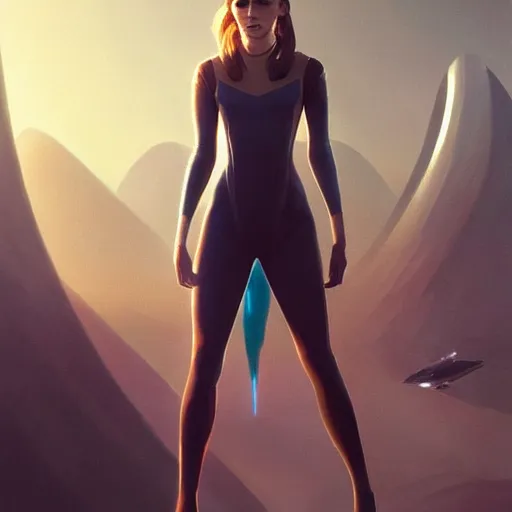 Prompt: a portrait of emma watson wearing skintight dress, futuristic earth in the background as seen by greg rutkowski, light theme, enchanted, warm colors, high quality, waw, trending on artstation