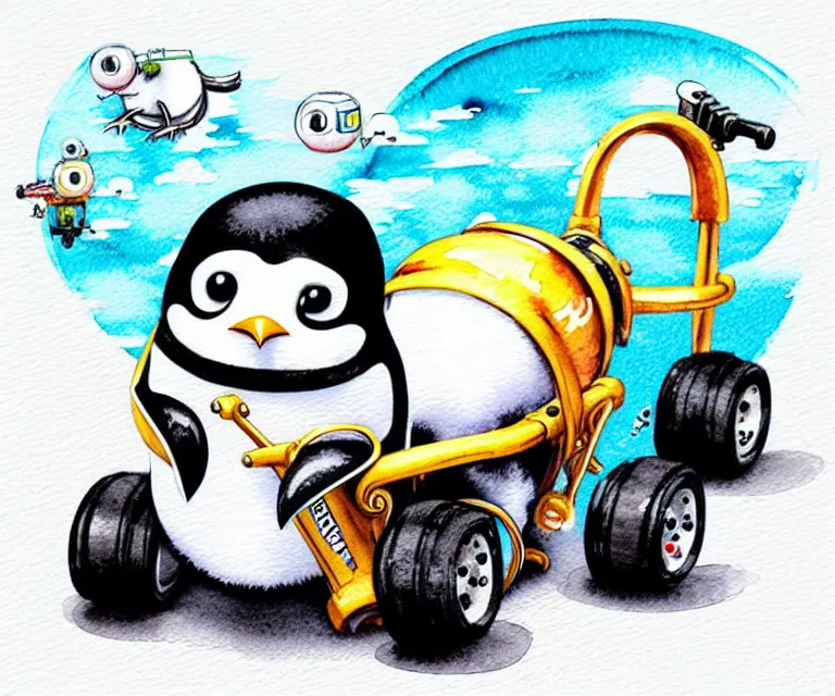 Image similar to cute and funny, penguin riding in a tiny gokart with an oversized engine, ratfink style by ed roth, centered award winning watercolor pen illustration, isometric illustration by chihiro iwasaki, edited by range murata, tiny details by artgerm and watercolor girl, symmetrically isometrically centered, sharply focused