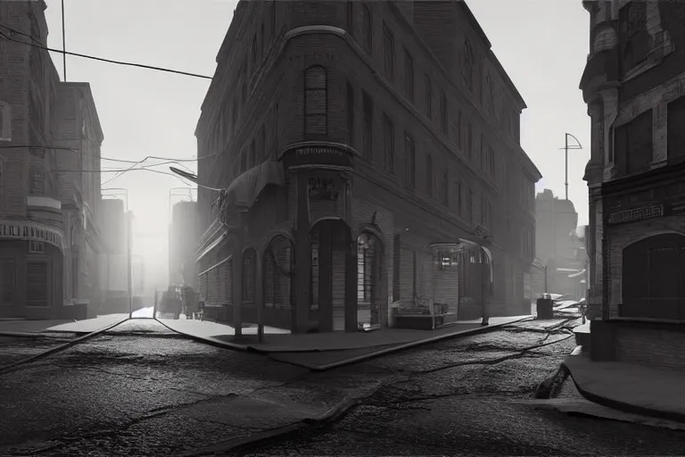 Image similar to still photo of a 1 9 0 0 s street, film noir, black and white color aesthetic, highly detailed, photorealistic portrait, bright studio setting, studio lighting, crisp quality and light reflections, unreal engine 5 quality render