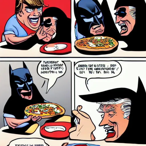 Image similar to Batman eating pizza, with Donald Trump, photograph, candid photo