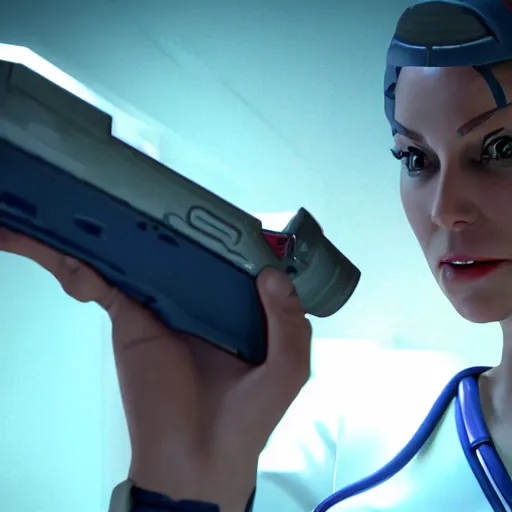 Prompt: nurse chapel from Star Trek: strange new worlds holding a gun after a fight in night city, cyberpunk, 8k ultra realistic, award winning, unreal engine 5, masterpiece