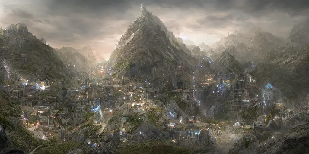 Image similar to an underground fantasy city on steep mountains, 8 k