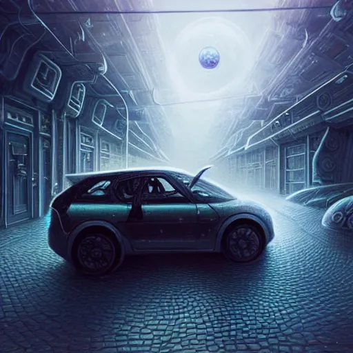 Image similar to A photo of car in the form of a space horse, street on the space city, Norilsk, sci-fi, fantasy, intricate, very very beautiful, by Evgeny Zubvkov, elegant, highly detailed, digital painting, artstation, concept art, smooth, sharp focus, illustration, art by artgerm and greg rutkowski and alphonse mucha