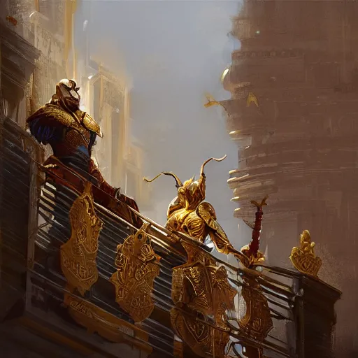 Image similar to A young king in golden armor making a speech from a balcony with his servant beside him, fantasy, highly detailed, digital painting, artstation, concept art, illustration, art by Bayard Wu and Marc Simonetti