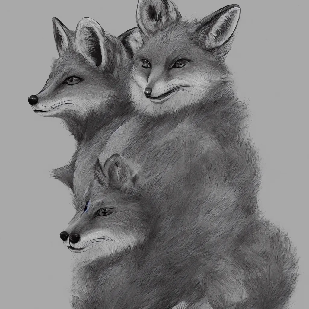 Image similar to a portrait of an anthropomorphic fox wearing a hoodie, symmetrical facial features, symmetrical proportions, league of legends, concept art, illustration, artstation, black and white