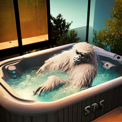 Image similar to “a yeti in a hottub, realistic, hiperrealist, photorealist, intricate, sharp focus, cinematic lights, Artstation HQ, Deviantart trending, 4K UHD, masterpiece”