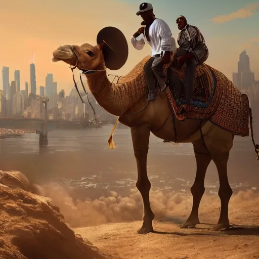 Image similar to close up of jay - z riding a camel through brooklyn new york, yankee baseball hat, fantasy, matte painting, highly detailed, artstation