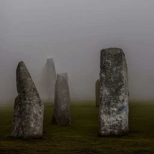 Image similar to '50 cats playing, neolithic standing stones, a haunting snow storm, fog, atmosphere, brooding clouds'