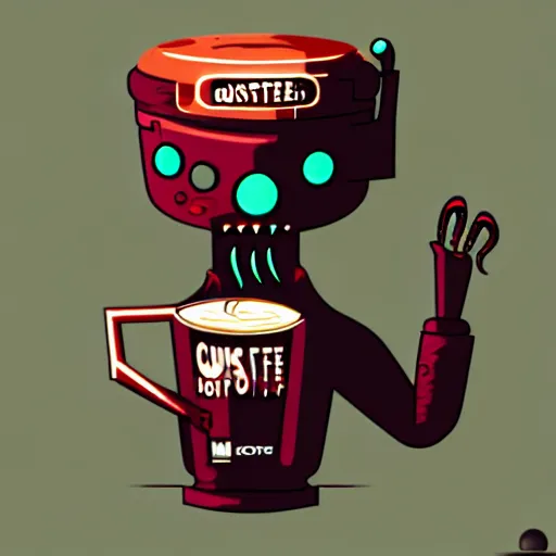 Image similar to monster coffee machine with hands and eyes drink cappuccino, 8 k, details, artstation trends, cyberpunk concept art